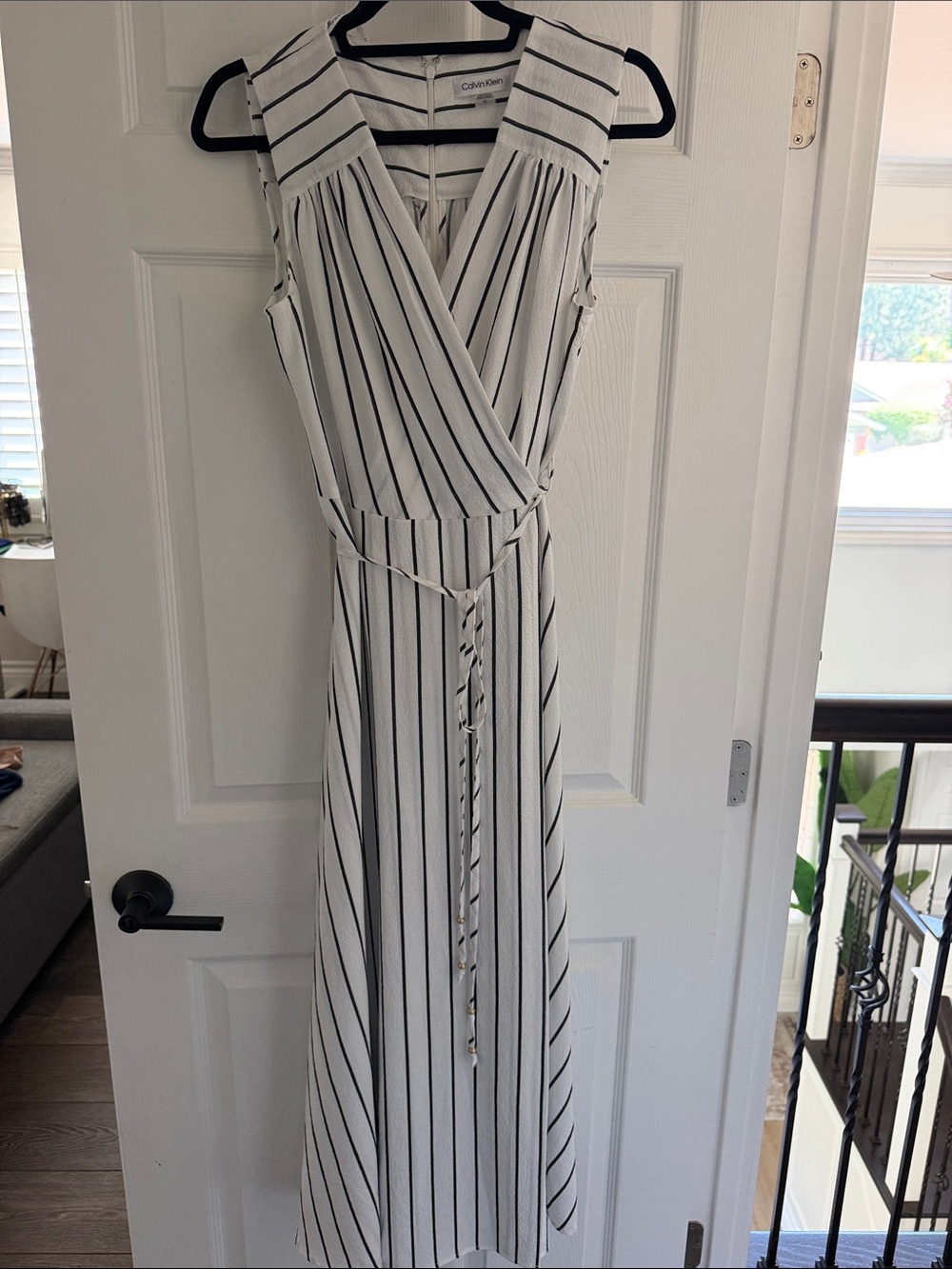 Calvin Klein White Maxi Dress with Black Stripes and tie wrap size 12.